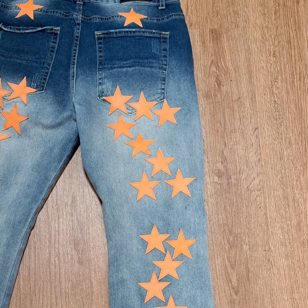 DD2 Faux Leather Orange Applique Star Distressed Denim Men's Size 30 - Picture 10 of 10